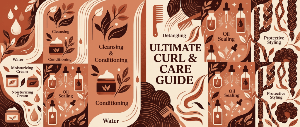 Illustration of a curl and care guide featuring sections on cleansing, conditioning, moisturizing, oil sealing, and protective styling, with visual elements like water drops, cream jars, and a comb.