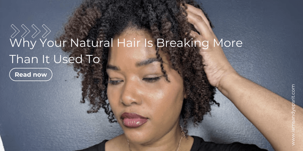 A woman with natural curly hair looking thoughtfully while touching her hair, with text overlay about hair breakage.